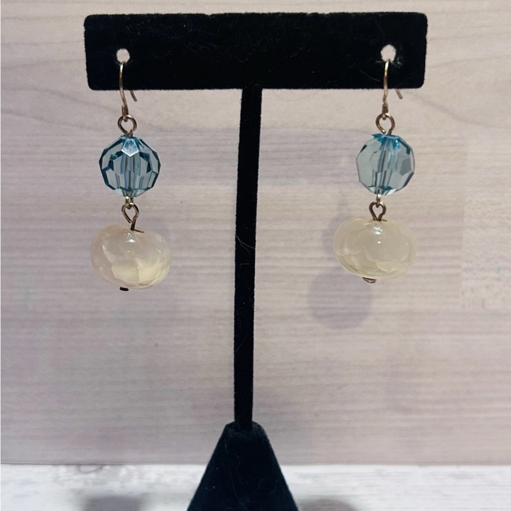 Elegant Blue and Cream Dangle Earrings